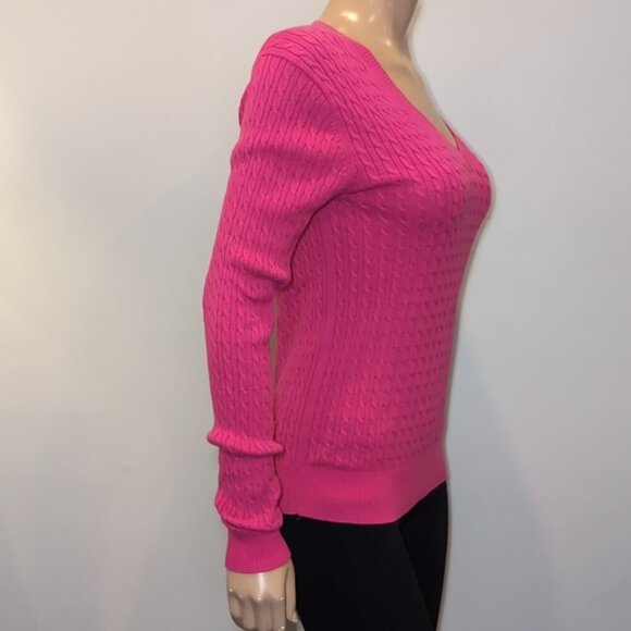 Tommy Hilfiger Pima Cotton Cable Knit Sweater Barbie Pink Vneck Pullover - Picture 7 of 11